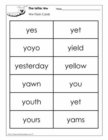 Word Wall Words for the Letter Y